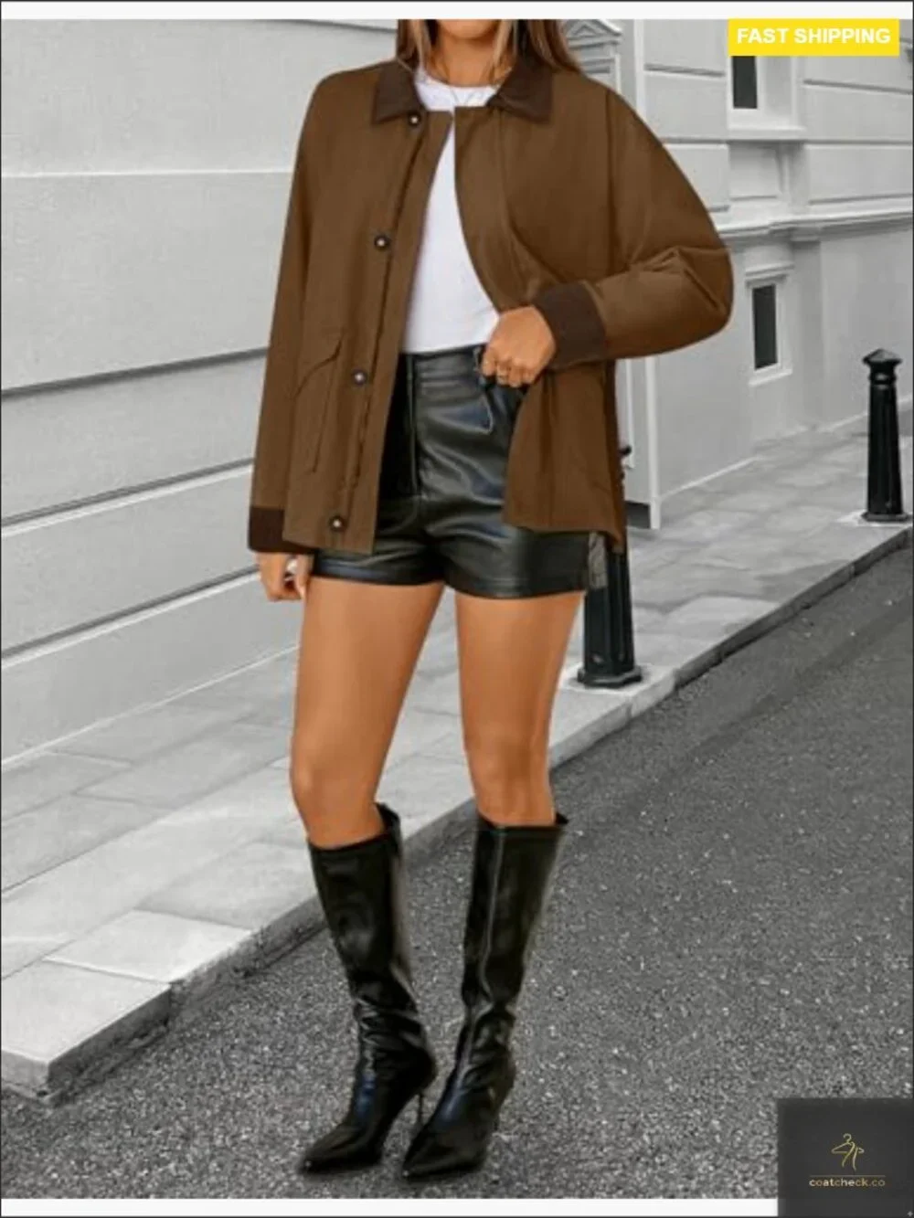 Oversized Lightweight Cotton Barn Jacket Contrast Corduroy Collar Zip Up Button